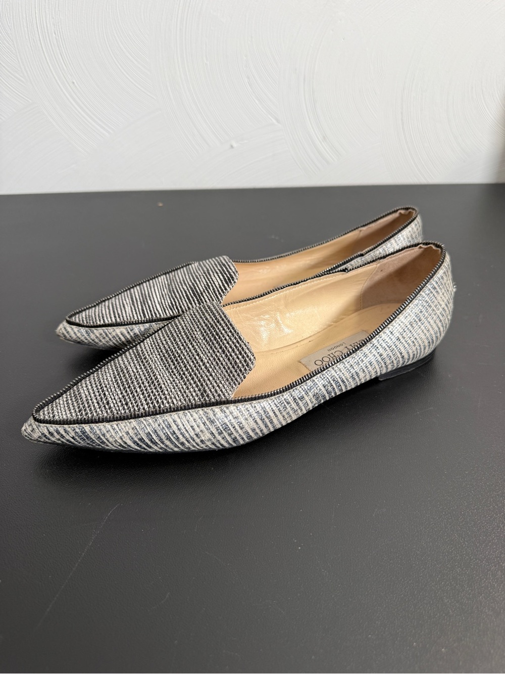 Jimmy Choo Black and White Striped Pointed-Toe Flats - Picture 4 of 7